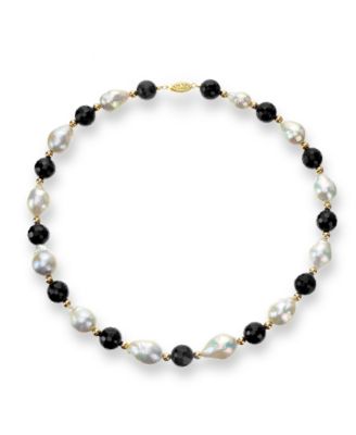 Macy's - White Baroque Freshwater Cultured Pearl (12-13mm) with Black Onyx (10mm) and Gold Beads (4mm) 18" Necklace in 14k Yellow Gold