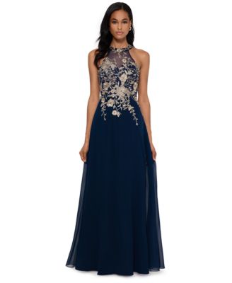 Betsy & Adam - Petite Floral-Appliqu&eacute; Illusion Gown