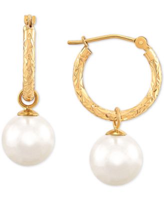 Honora - Cultured Freshwater Pearl (9mm) Dangle Hoop Earrings in 14k Gold