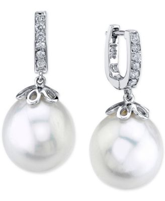 Macy's - Cultured Freshwater Pearl (10mm) & Diamond (1/10 ct. t.w.) Drop Earrings in 14k White Gold
