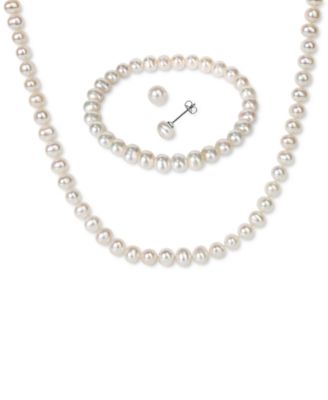 Macy's - 3-Pc. Set Cultured Freshwater Pearl (6-7mm) Bracelet, Necklace & Stud Earrings