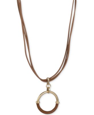 Lauren Ralph Lauren - Gold-Tone Leather-Wrapped Ring Multi-Cord Pendant Necklace, 16" + 3" extender