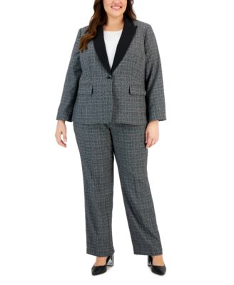 Le Suit - Plus Size Contrast-Collar Windowpane Check Pantsuit