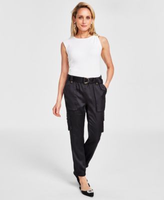 I.N.C. International Concepts - Women's High-Rise Belted Satin Cargo Pants