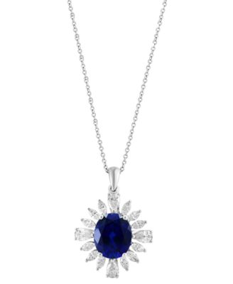EFFY Collection - Lab Grown Sapphire (4-1/2 ct. t.w.) & Lab Grown Diamond (1-3/4 ct. t.w.) Starburst Halo 18" Pendant Necklace in 14k White Gold