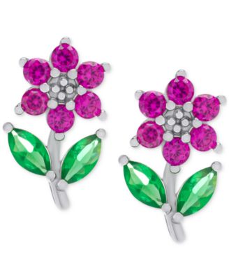 Macy's - Lab-grown Pink Sapphire (5/8 ct. t.w.) & Green Crystal Flower Stud Earrings in Sterling Silver