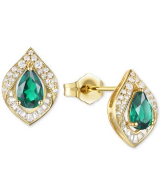 Macy's - Lab-Grown Emerald (5/8 ct. t.w.) & Lab-Grown White Sapphire (1/3 ct. t.w.) Pear Halo Stud Earrings in 14k Gold-Plated Sterling Silver