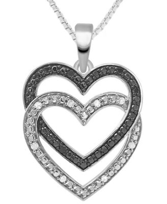 Macy's - Black & White Diamond Double Heart 18" Pendant Necklace (1/6 ct. t.w.) in Sterling Silver