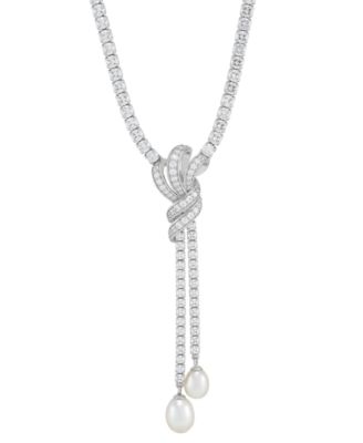 Arabella - Freshwater Pearl (9x7mm & 8x6mm) Cubic Zirconia Knotted 17" Lariat Necklace in Sterling Silver