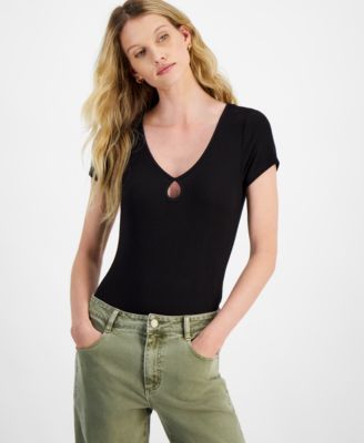 Self Esteem - Juniors' U-Neck Short-Sleeve Keyhole Bodysuit