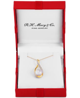 Honora - Cultured Freshwater Pearl (9mm) and Diamond Accent Pendant 18" Necklace in 14k Gold