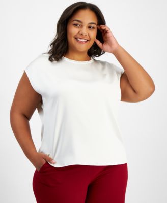 Tahari ASL - Plus Size Satin Boat-Neck Cap-Sleeve Top