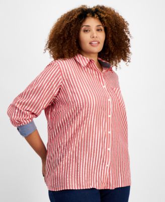 Tommy Hilfiger - Plus Size Shimmer Shadow Striped Button-Front Shirt