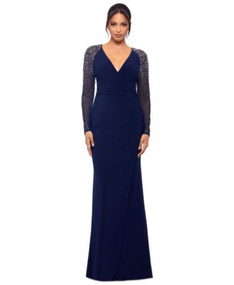 Betsy & Adam - Petite Mesh-Sleeve V-Neck Evening Gown