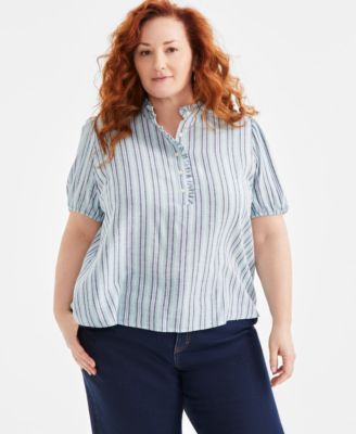 Style & Co - Plus Size Striped Ruffled Popover Top