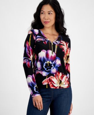 I.N.C. International Concepts - Petite Floral-Print Zip-Front Blouse