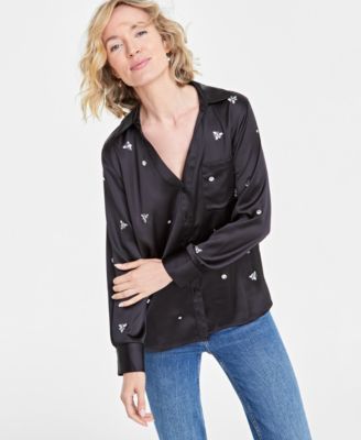 On 34th - Women's Rhinestone Satin Button-Up Shirt