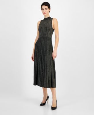 T Tahari - Women's Metallic Mock-Neck Pleated Fit & Flare Dress