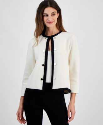 Anne Klein - Petite Button-Front Braid-Trimmed Cardigan Sweater