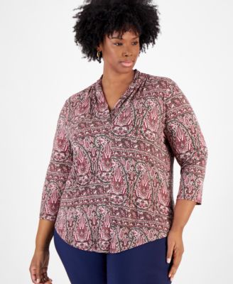JM Collection - Plus Size Paisley-Print 3/4-Sleeve V-Neck Top