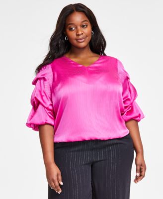Vince Camuto - Plus Size Shadow-Stripe Bubble-Sleeve Top