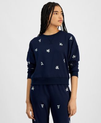 Hippie Rose - Juniors' Embroidered Drop-Shoulder Fleece Sweatshirt