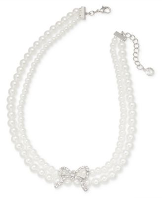 Charter Club - Silver-Tone Pav&eacute; Bow & Imitation Pearl Layered Necklace, 16" + 2" extender