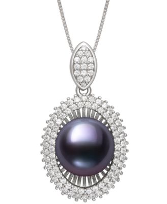 Belle de Mer - Peacock Black Cultured Freshwater Pearl (10mm) & Cubic Zirconia 18" Pendant Necklace in Sterling Silver (Also in White Cultured Freshwater Pearl)