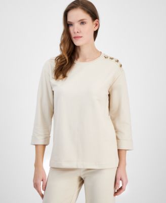 Anne Klein - Women's French Terry Button-Shoulder Top