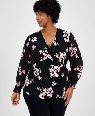 Anne Klein - Plus Size Printed Smocked-Cuff Wrap Top