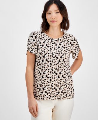 AK Anne Klein - Petite Gathered-Tulip Short-Sleeve Printed Top