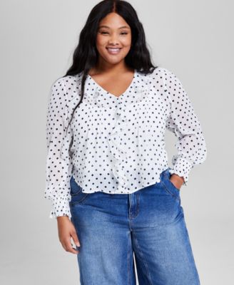 And Now This - Plus Size Dot-Print Ruffled-Front Woven Pintuck Top