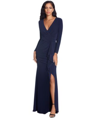 B&A By Betsy and Adam - Women's Long-Sleeve Cascading-Ruffle Gown