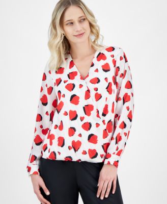 T Tahari - Women's Heart-Print Faux-Wrap Long-Sleeve Blouse