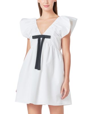 endless rose - Women's Contrast-Bow Flutter Sleeve Mini Dress