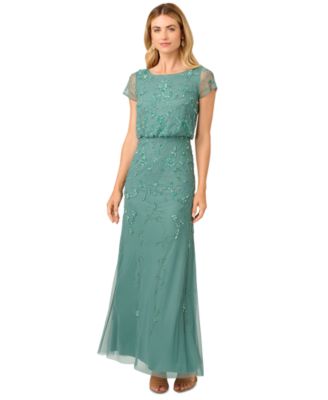Adrianna Papell - Women's Boat-Neck Short-Sleeve Beaded Blouson Gown