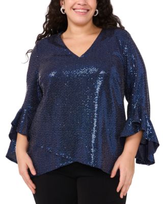 MSK - Plus Size V-Neck Bell-Sleeve Sequin-Knit Top