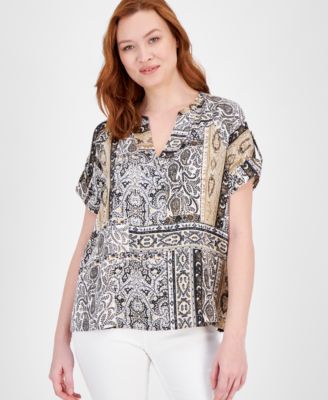 JM Collection - Women's Paisley-Print Satin Short-Sleeve Top