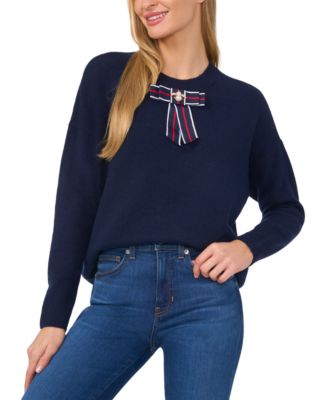 CeCe - Women's Embellished Ribbon-Trim Crewneck Sweater