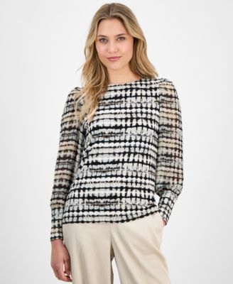 Anne Klein - Women's Bishop-Sleeve Printed Bateau-Neck Top
