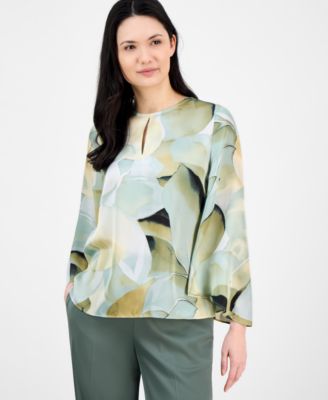 Anne Klein - Petite Printed Keyhole-Front Long-Sleeve Blouse