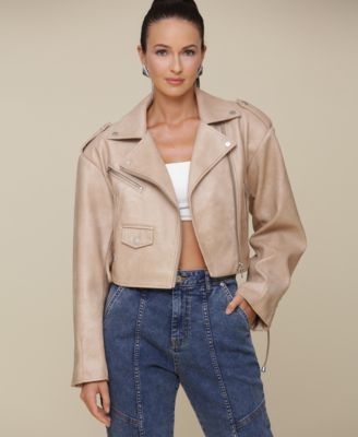 Avec Les Filles - Women's Wide-Shoulder Cropped Biker Jacket
