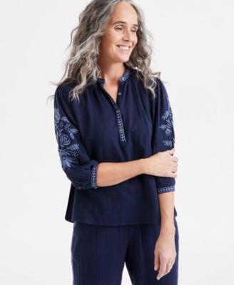 Style & Co - Petite 3/4-Sleeve Embroidered Top