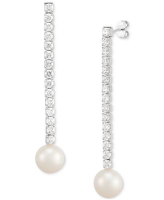 Arabella - Cultured Freshwater Pearl (10mm) & Cubic Zirconia Linear Drop Earrings in Sterling Silver