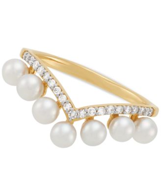 Honora - Cultured Ming Pearl (3-1/2 - 4mm) & Diamond (1/6 ct. t.w.) Chevron Ring in 10k Gold