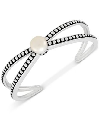 Macy's - Cultured Freshwater Pearl (10-1/2mm) X Cuff Bangle Bracelet in Sterling Silver