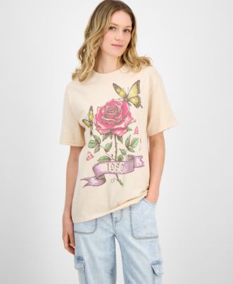 Rebellious One - Juniors' Rose Butterfly Graphic-Print Cotton T-Shirt