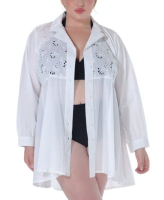 Raviya - Plus Size Cotton Eyelet Button-Front Cover-Up Dress