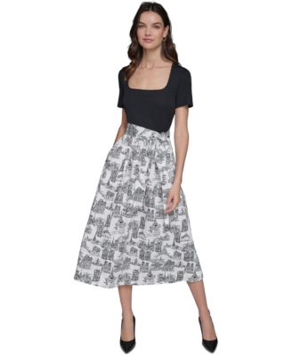 KARL LAGERFELD PARIS - Women's Mixed-Media Short-Sleeve Midi Dress