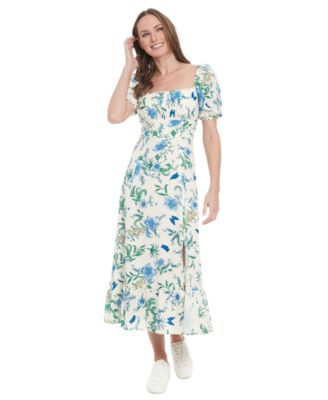 London Times - Women's Floral-Print Puff-Sleeve Midi Dress